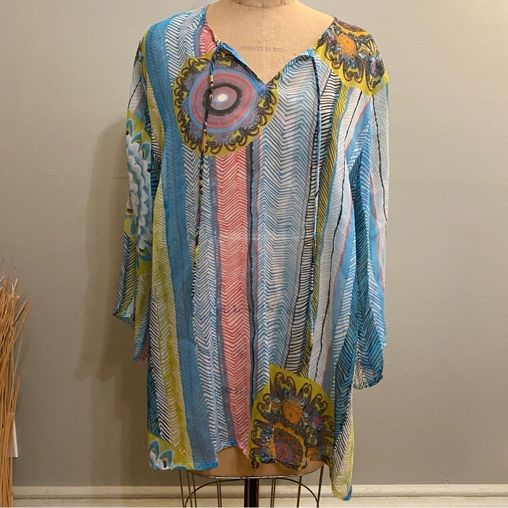 Boho Printed chiffon Cover Up Fashion Fuse L/XL NWT turquoise blueTunic top